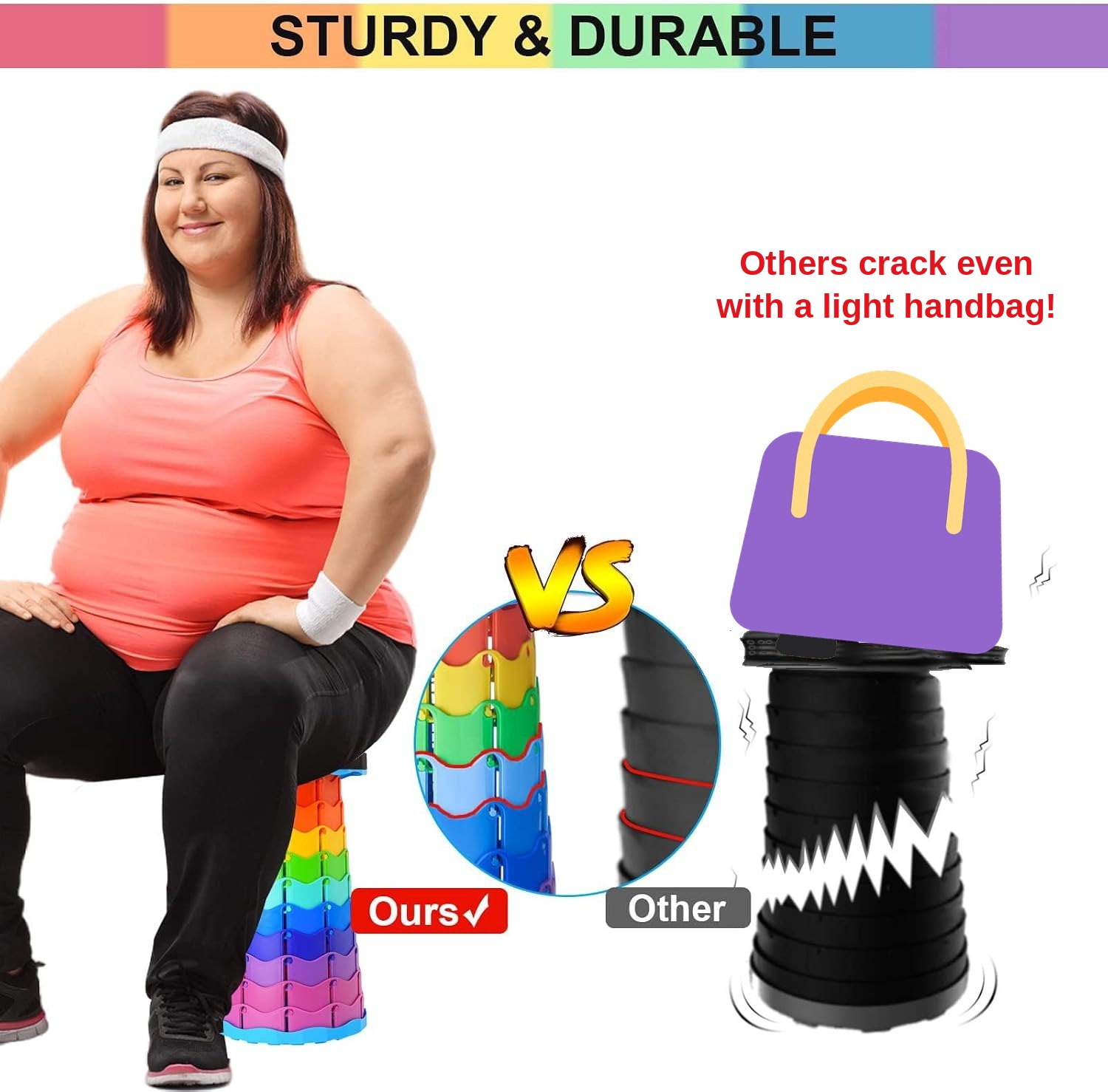 RetractStool holds a heavy adult while another stool cracks under a light handbag